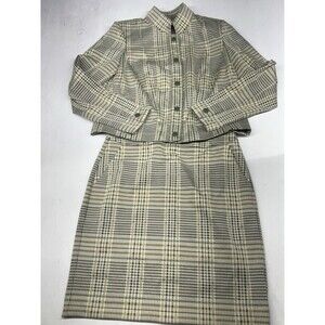 Cabi Skirt Suit Twill Check Plaid Beige Tan Jacket Size M Skirt Size 8 Corporate